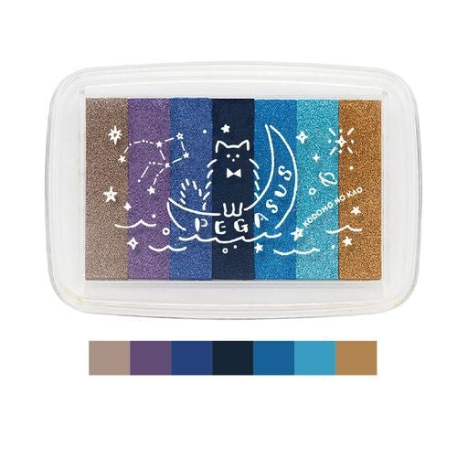 Kodomo no Kao Pegasus gradient ink pad with 7 shimmery color bands from taupe and purple through blues to gold