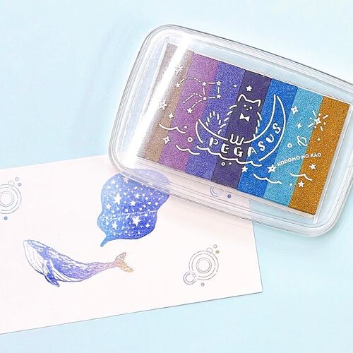 Whale and starry stamp impressions made with the Kodomo no Kao Pegasus gradient ink pad