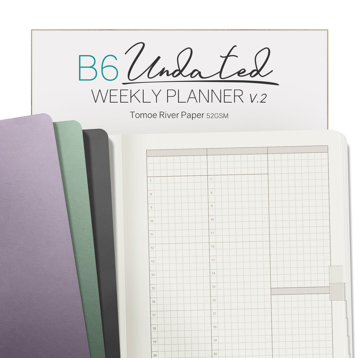 Wonderland222 B6 undated planner open, shown with all three cover colors