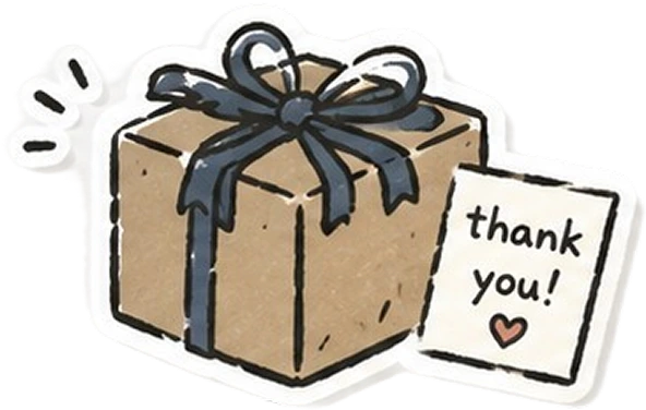 Cartoon gift box with blue ribbon and 'thank you!' card on a white background