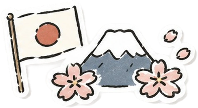 Illustration of a Japanese flag, Mount Fuji, and cherry blossoms on a white background