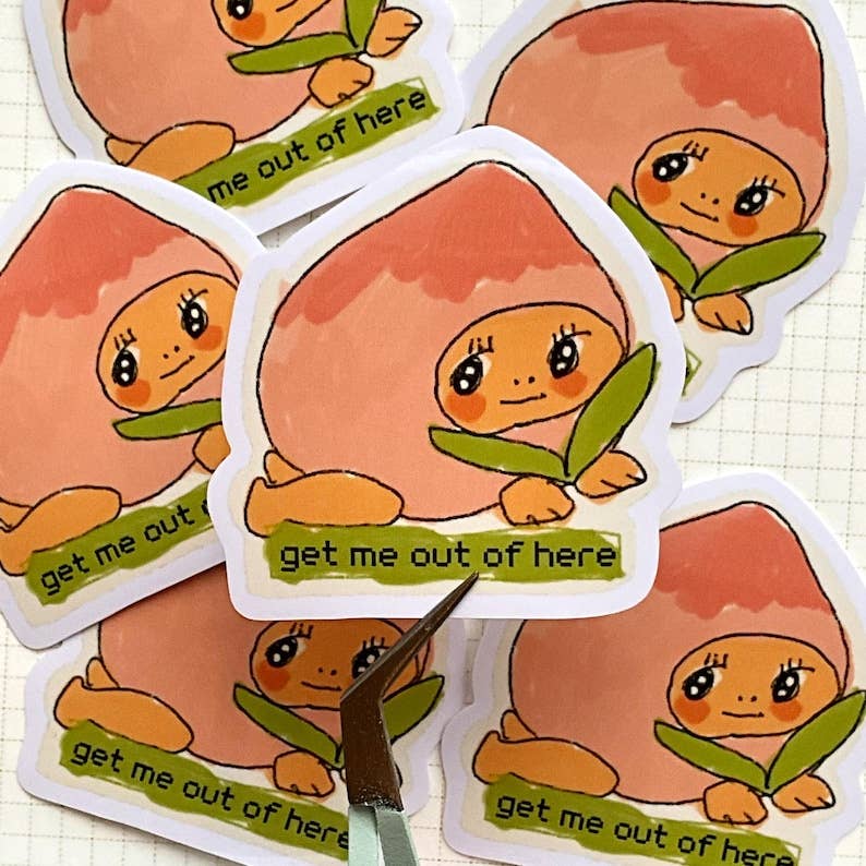 Get Me Out of Here, Kewpie Peach Vinyl Sticker: Kawaii Die Cut Trinket