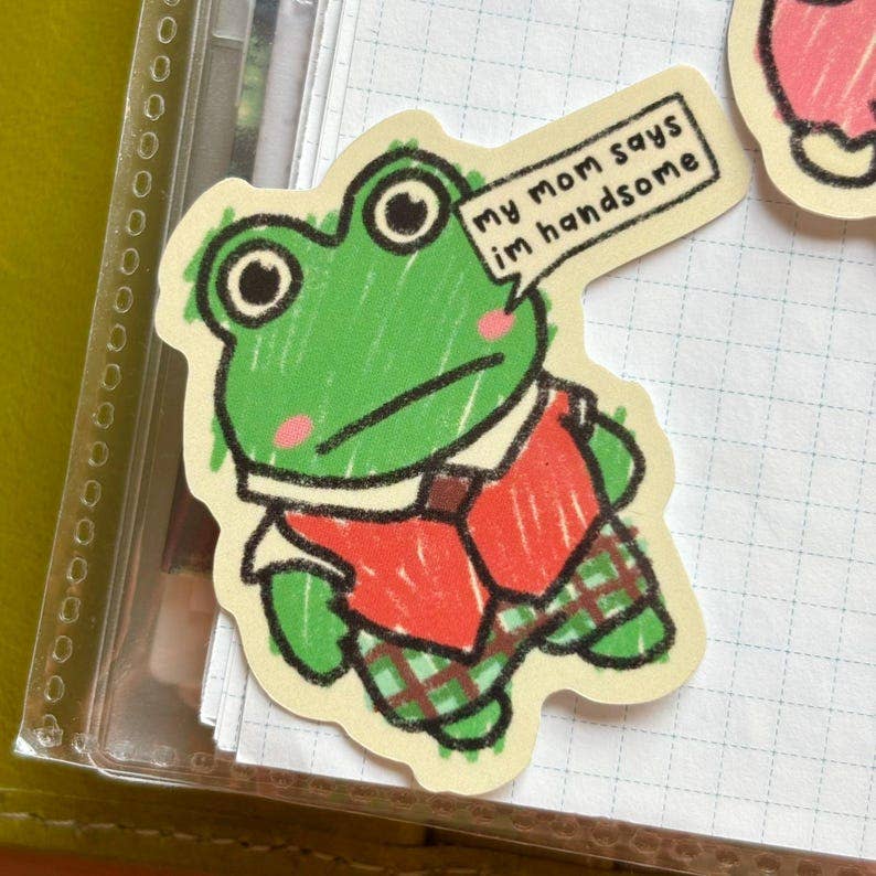 My Mom Says I'm Handsome Sticker | Kawaii Frog & Bear Vinyl Die Cut