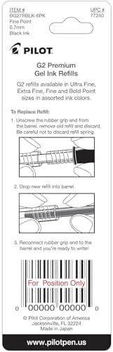 Back of Pilot G2 gel ink refill package with refill instructions