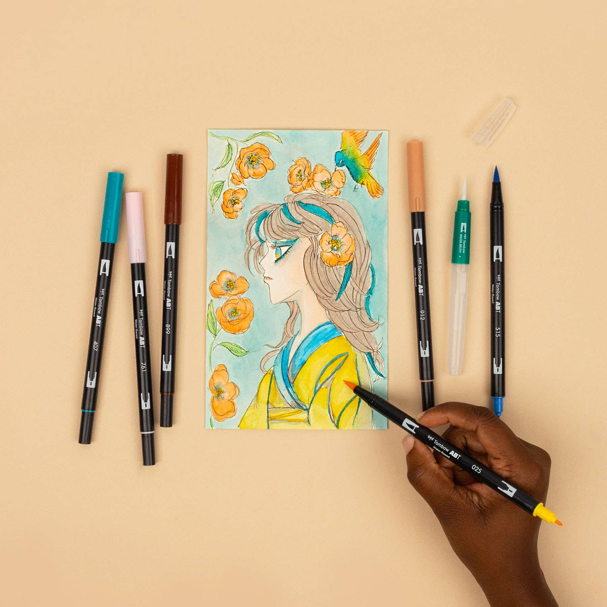 Dual Brush Pen Art Markers, Manga Illustration, Bird 6-Pack