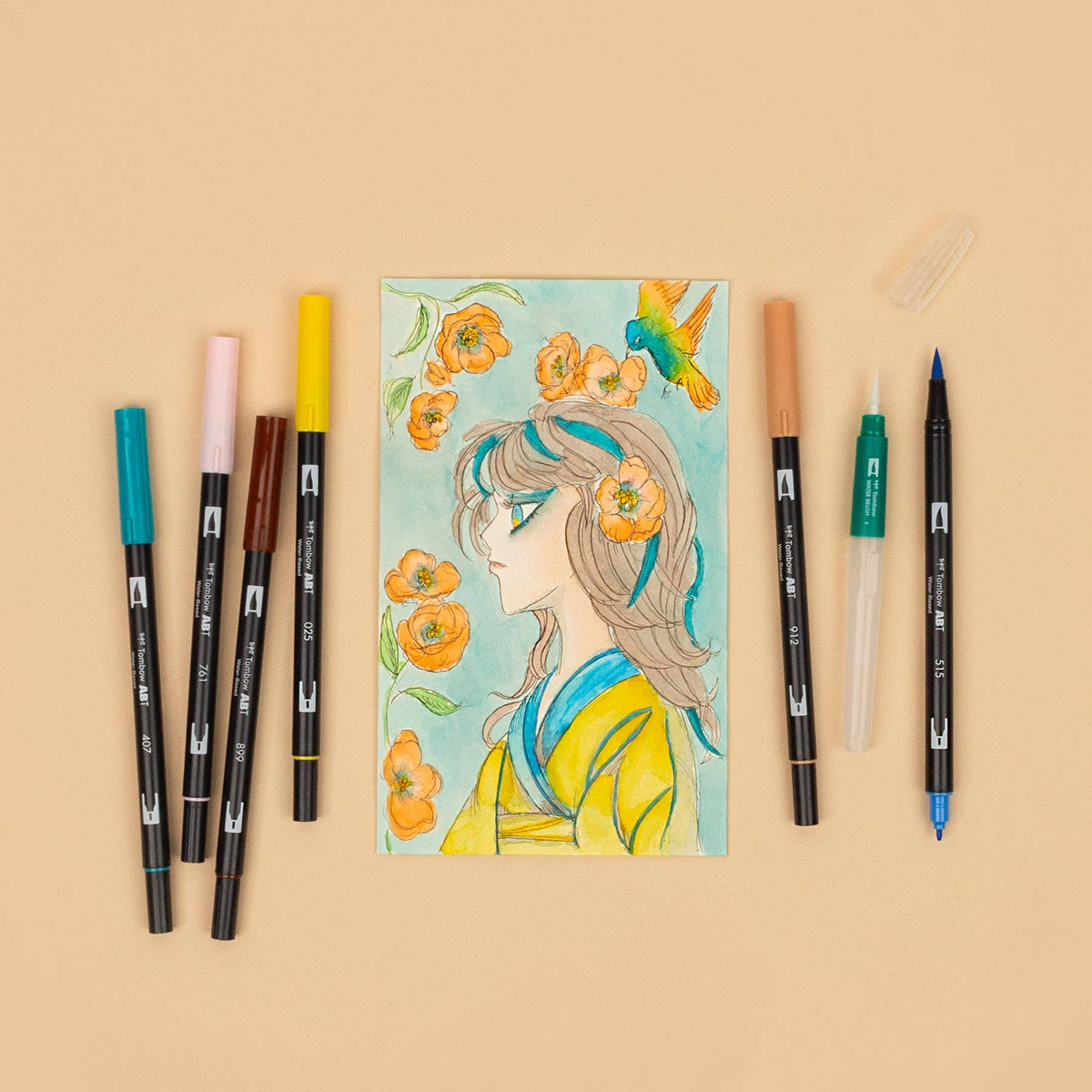 Dual Brush Pen Art Markers, Manga Illustration, Bird 6-Pack