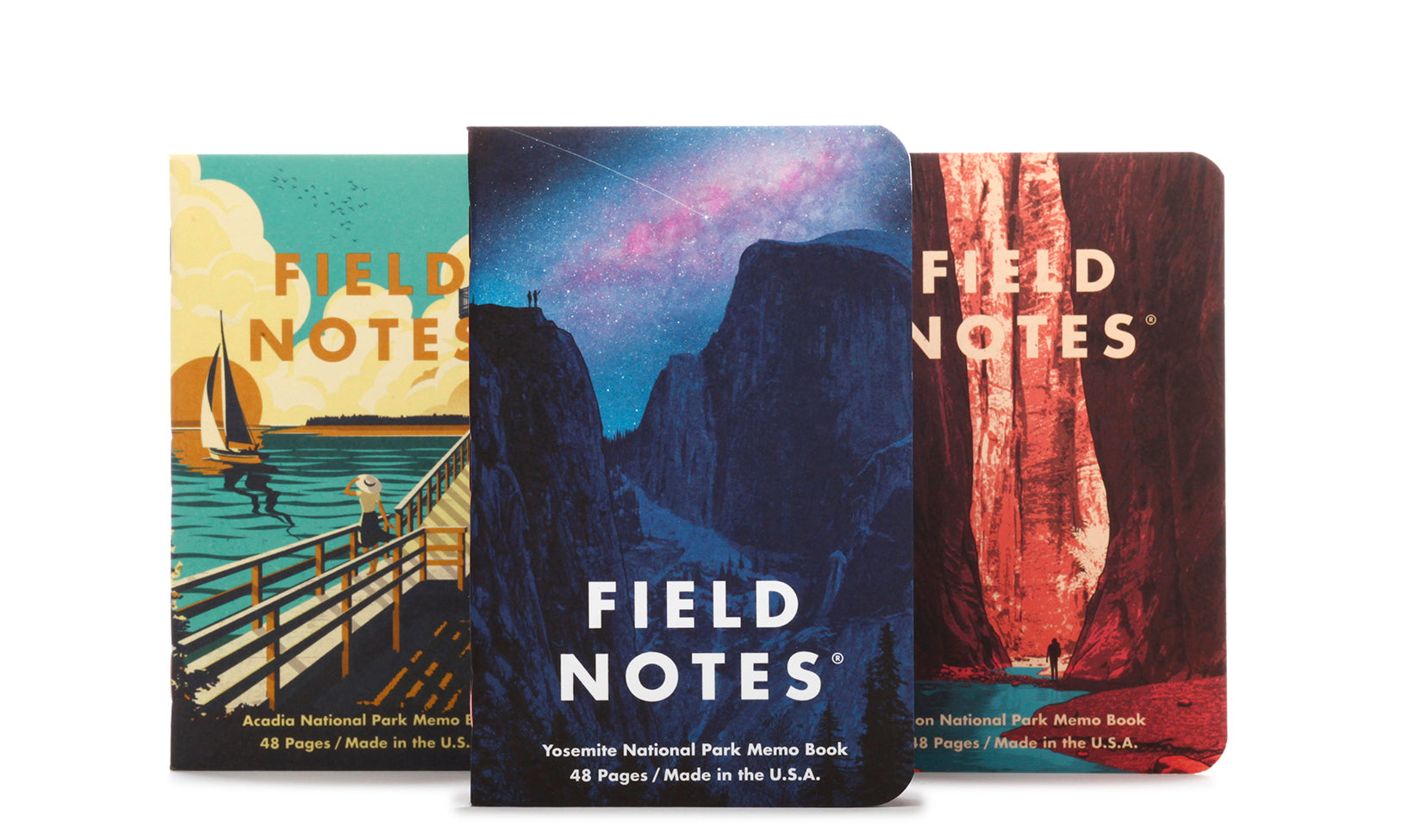 Three Field Notes notebooks with different designs on a white background