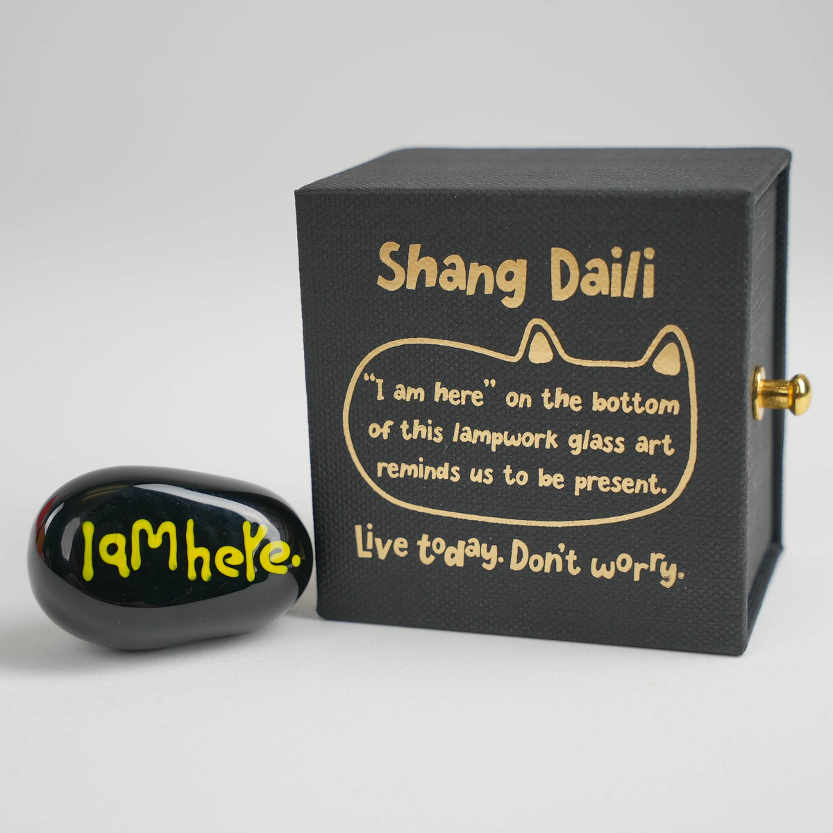 'I am here' Lamp work glass black cat figurine