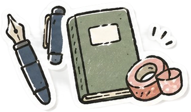 Illustration of a notebook, pen, and tape on a white background