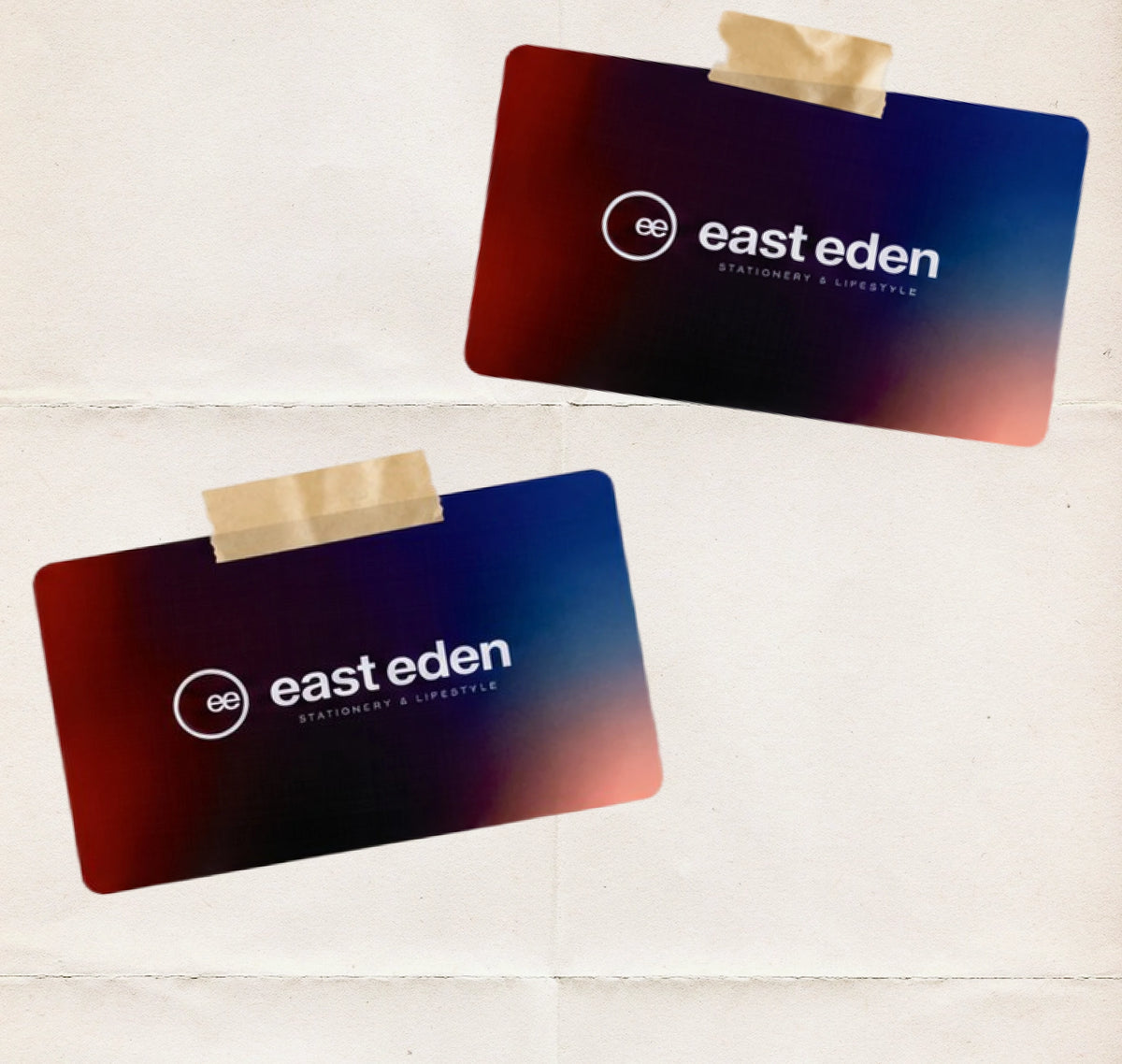 Two gradient cards with 'east eden' logo on a white background
